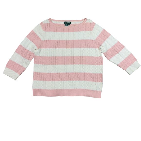 Lauren Ralph Lauren Sweater Womens XL Pink Ivory Knit Stripe 100% Cotton Thermal - Picture 1 of 7